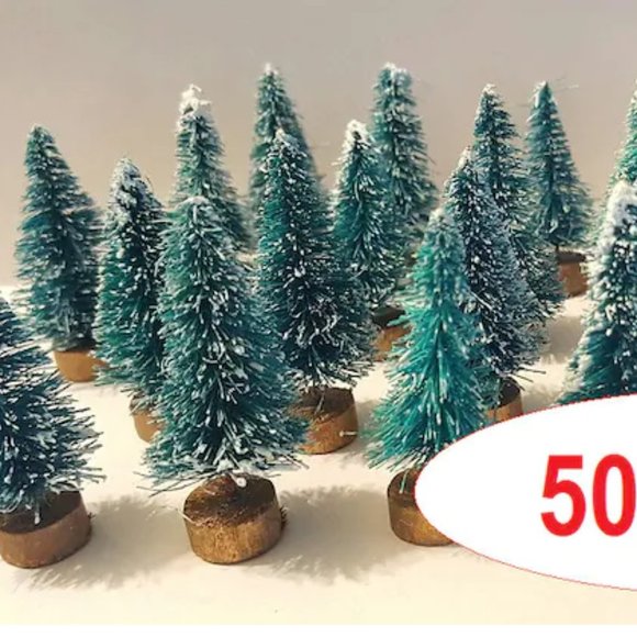50 Mini GREEN Sisal Bottle Brush Snow Flocked Christmas Trees Bulk Crafts Decor - Picture 2 of 2